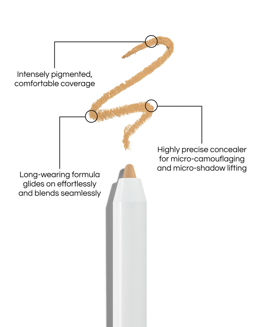 Close up of Pinpoint® Concealer with cream pencil tip, shown with a shade swatch, demonstrating the product's tones and texture, with text: Intensely pigmented, comfortable coverage. Long-wearing formular glides on effortlessly and blends seamlessly. Highly precise concealer for micro-camouflaging and micro-shado lifting.