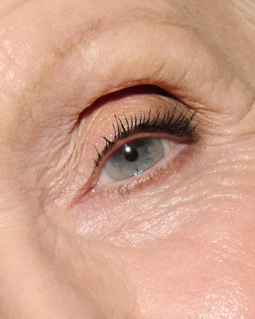 Close-up of a model's eye with KItten Lash Mascara and Fawn Eyeshadow Palette