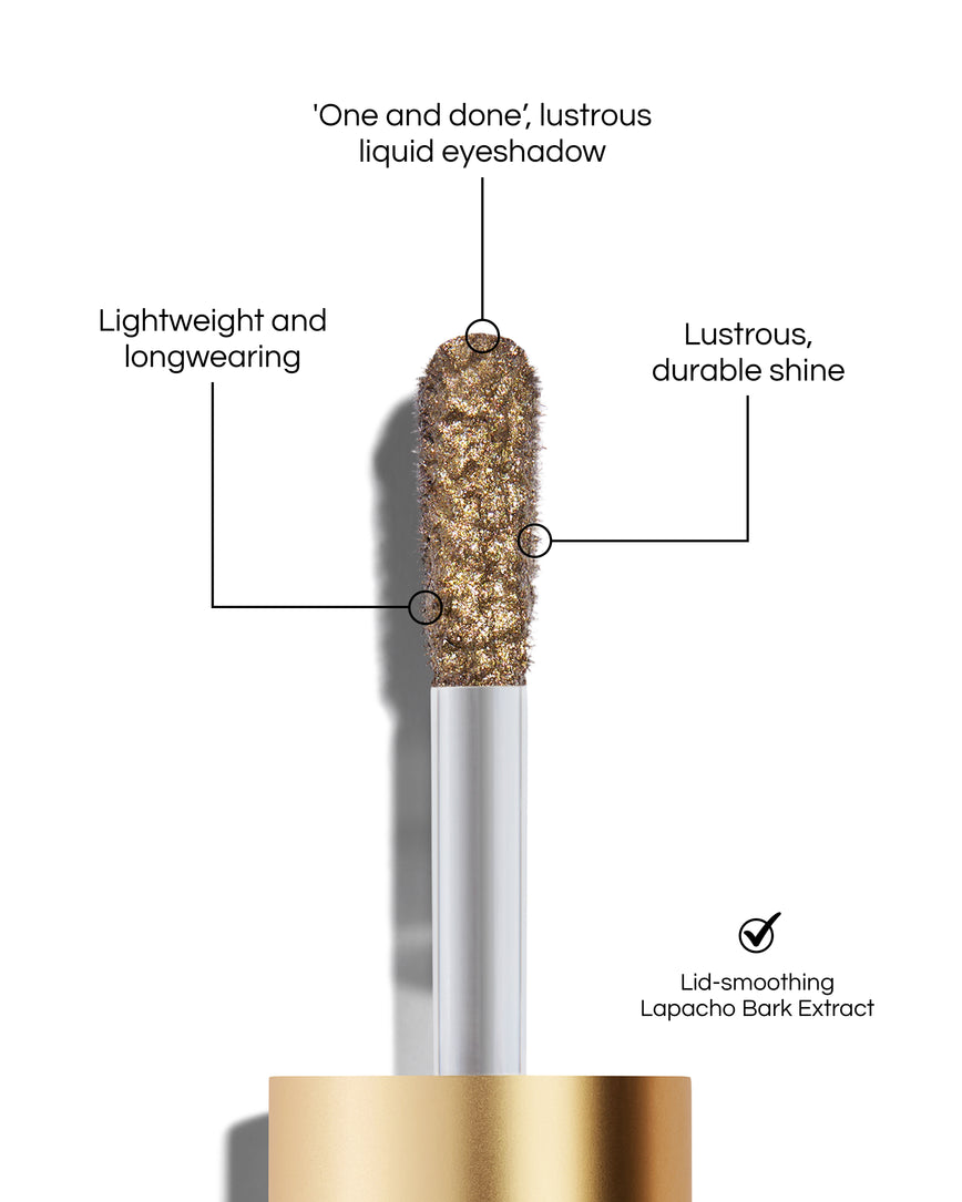 Liquid Lurex Eyeshadow applicator tip with text highlighting features: 'One and done', lustrous liquid eyeshadow. Lightweight and longwearing. Lustrous, durable shine. Lid-smoothing Lapacho Bark Extract. In shade Anais.