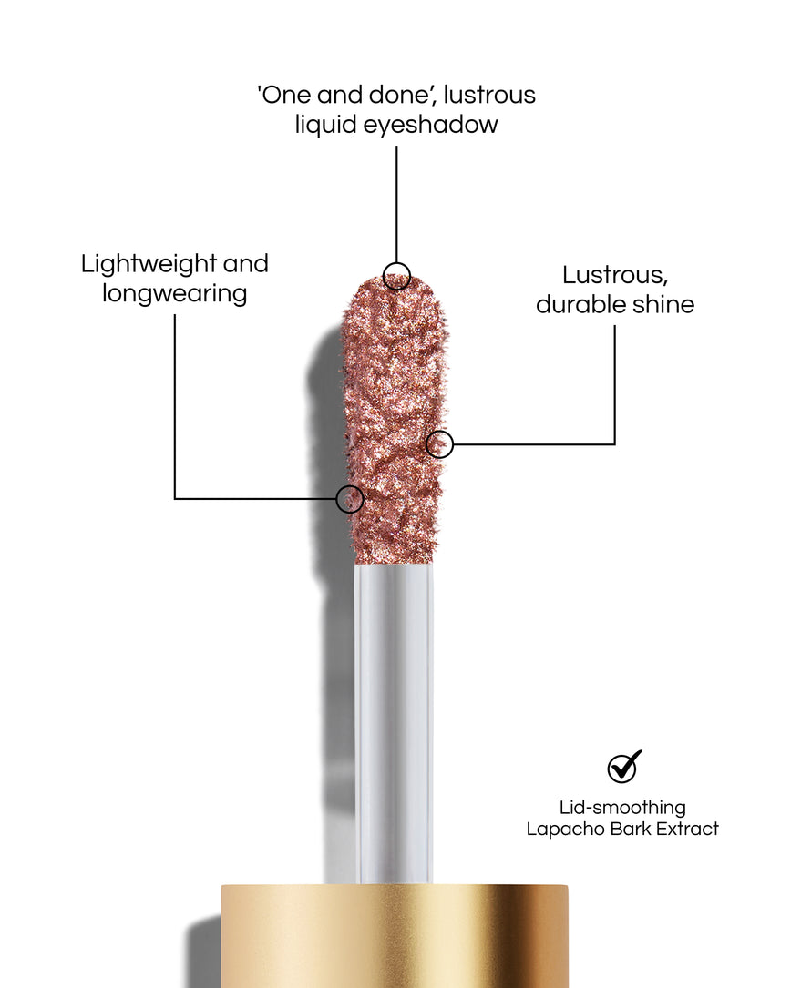 Liquid Lurex Eyeshadow applicator tip with text highlighting features: 'One and done', lustrous liquid eyeshadow. Lightweight and longwearing. Lustrous, durable shine. Lid-smoothing Lapacho Bark Extract. In shade Anjelica.