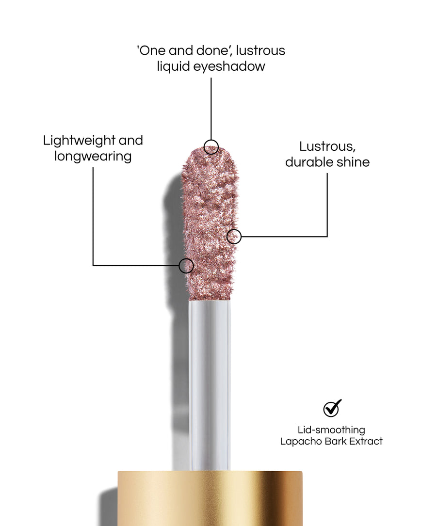 Liquid Lurex Eyeshadow applicator tip with text highlighting features: 'One and done', lustrous liquid eyeshadow. Lightweight and longwearing. Lustrous, durable shine. Lid-smoothing Lapacho Bark Extract. In shade Bianca.