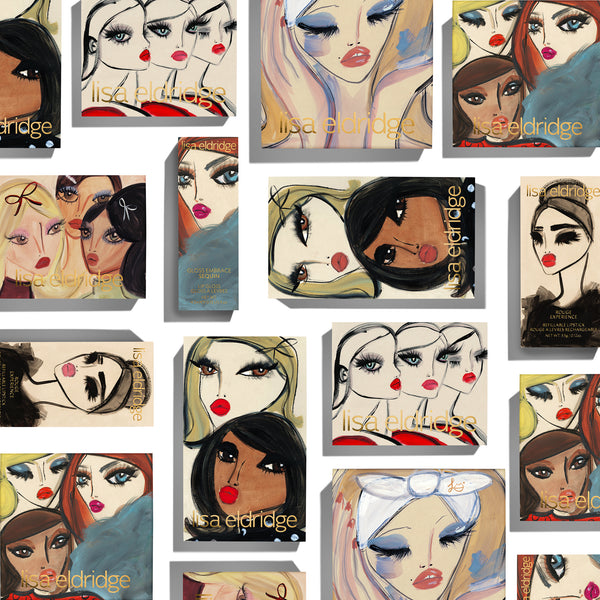 Collage of Lisa Eldridge's Gift Sets with artistic depictions of women's faces by Blair Breitenstein.