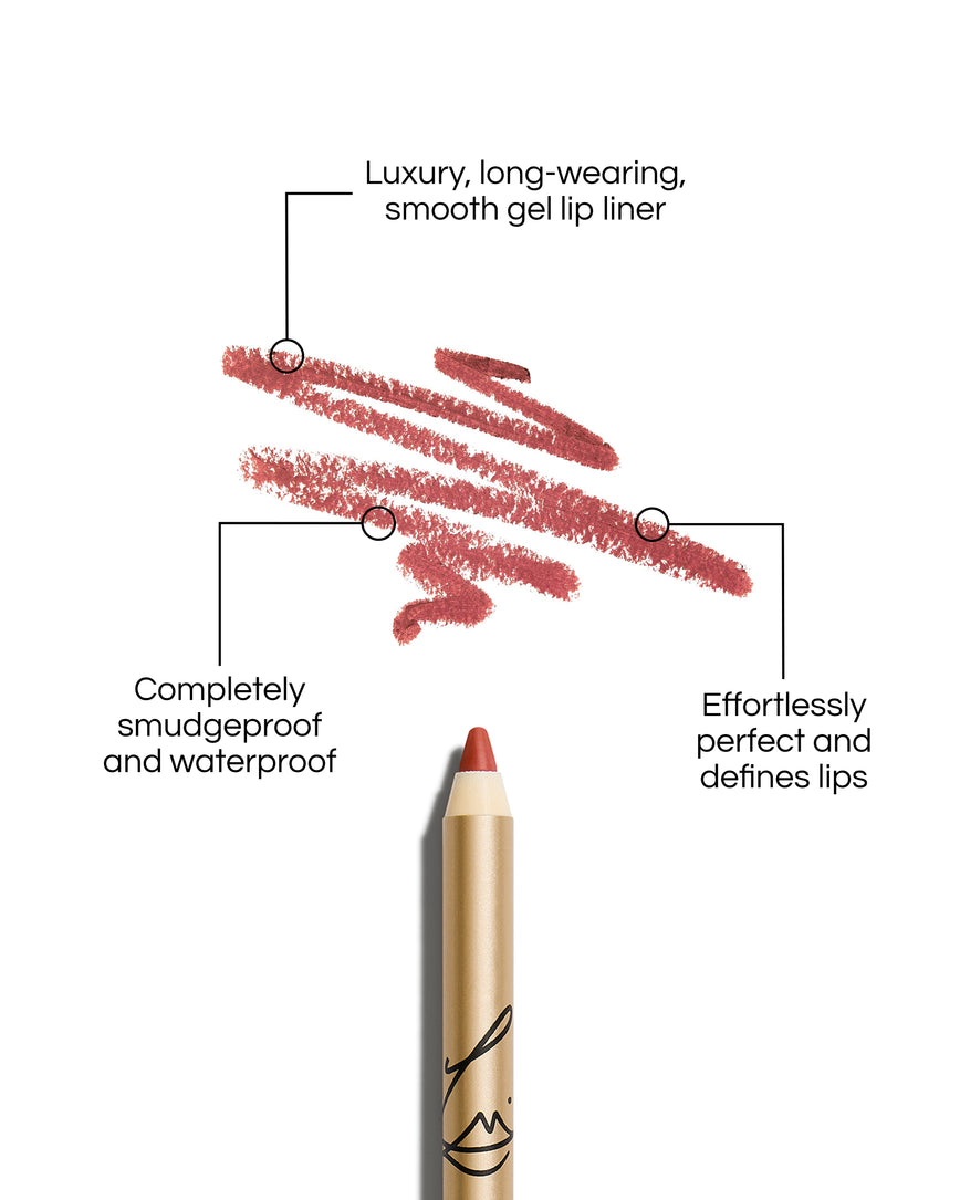 Enhance and Define Lip Pencil with text describing its features on a white background: Luxury, long-wearing, smooth gel lip liner. Completely smudgeproof and waterproof. Effortlessly perfect and defines lips.