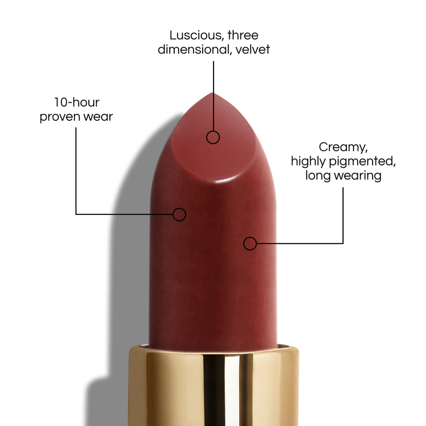 True Velvet Lip Colour bullet close-up, with text demonstrating it's benefits: Lucious, three dimensional, velvet. 10-hour proven wear. Creamy, highly pigmented, long wearing. In shade Blush.