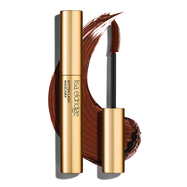 Lisa Eldridge Kitten Lash mascara with gold casing and Burnt Umber shade swatch on a white background