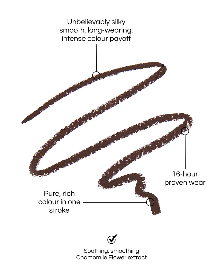 Seamless Glide Eye Pencil swatch, with text demonstrating the benefits: Unbelievably silky smooth, long-wearing, intense colour payoff. 16-hour proven wear. Pure-rich colour in one stroke. Soothing, smoothing Chamomile Flower Extract. In shade Ground Coffee.