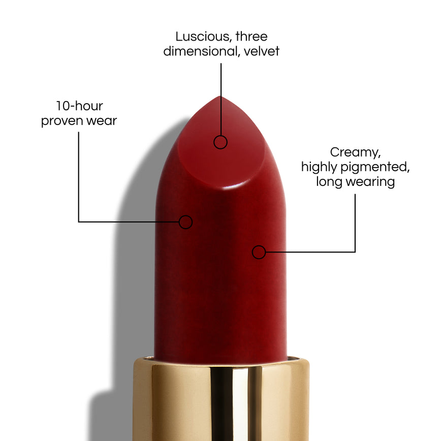 True Velvet Lip Colour bullet close-up, with text demonstrating it's benefits: Lucious, three dimensional, velvet. 10-hour proven wear. Creamy, highly pigmented, long wearing. In shade Duchess.