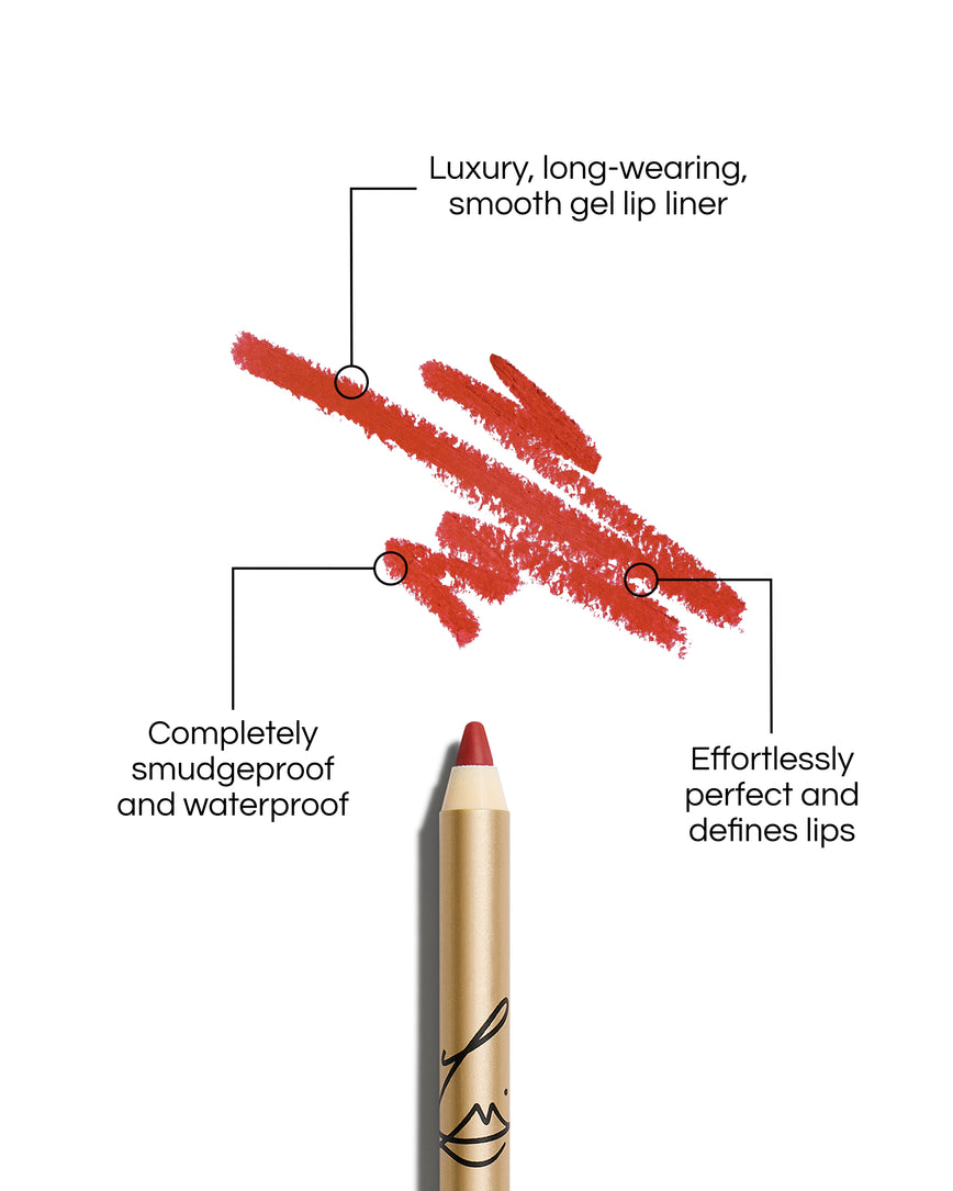 Enhance and Define Lip Pencil with text describing its features on a white background: Luxury, long-wearing, smooth gel lip liner. Completely smudgeproof and waterproof. Effortlessly perfect and defines lips.