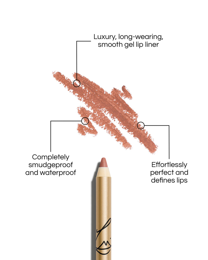 Enhance and Define Lip Pencil with text describing its features on a white background: Luxury, long-wearing, smooth gel lip liner. Completely smudgeproof and waterproof. Effortlessly perfect and defines lips.