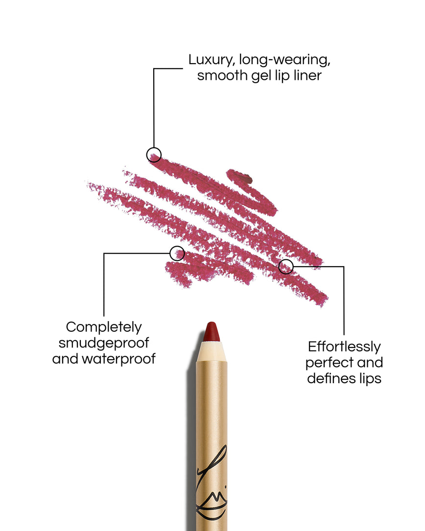 Enhance and Define Lip Pencil with text describing its features on a white background: Luxury, long-wearing, smooth gel lip liner. Completely smudgeproof and waterproof. Effortlessly perfect and defines lips.