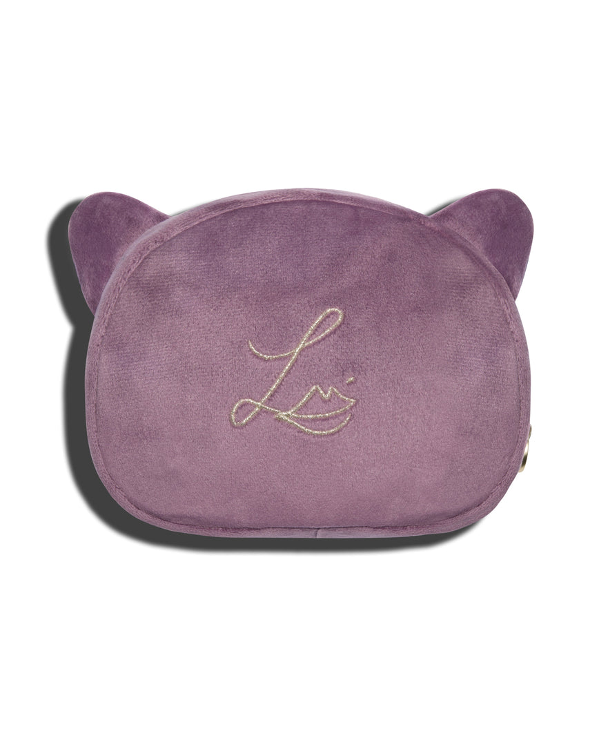 Lilac velvet Kitten Pouch with gold logo-embossed on back