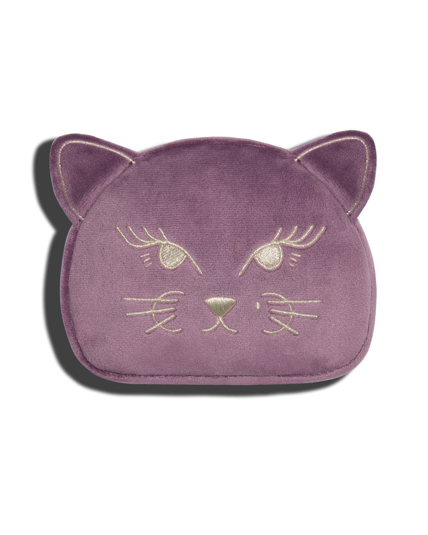 Lilac velvet Kitten Pouch with embroidered kitten face with beauty mark on a white background