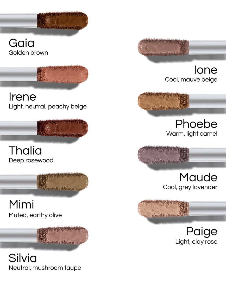 Color swatches of Liquid Silk Eyeshadows, using applicator tips with the shades on, with names and descriptions on a white background