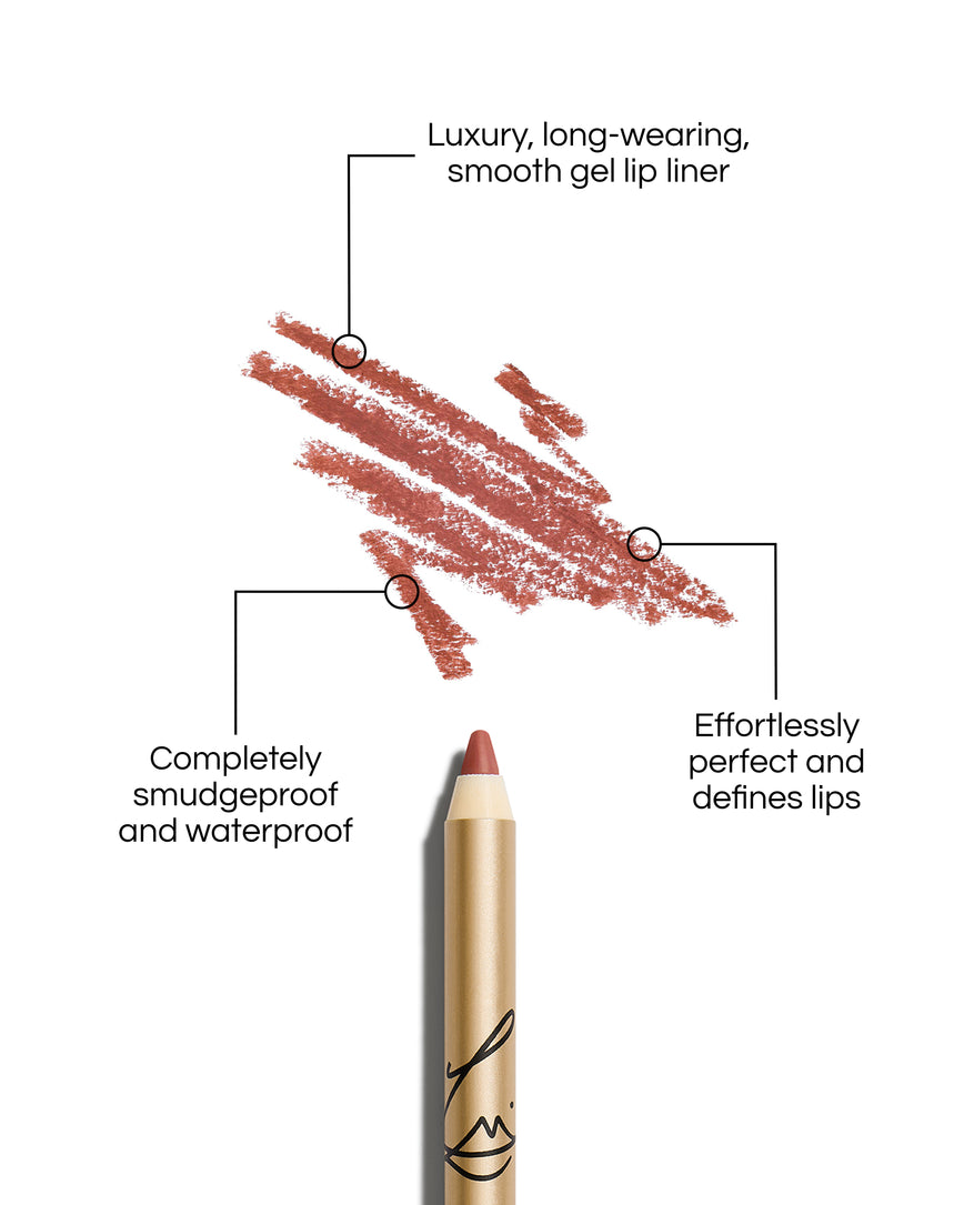 Enhance and Define Lip Pencil with text describing its features on a white background: Luxury, long-wearing, smooth gel lip liner. Completely smudgeproof and waterproof. Effortlessly perfect and defines lips.