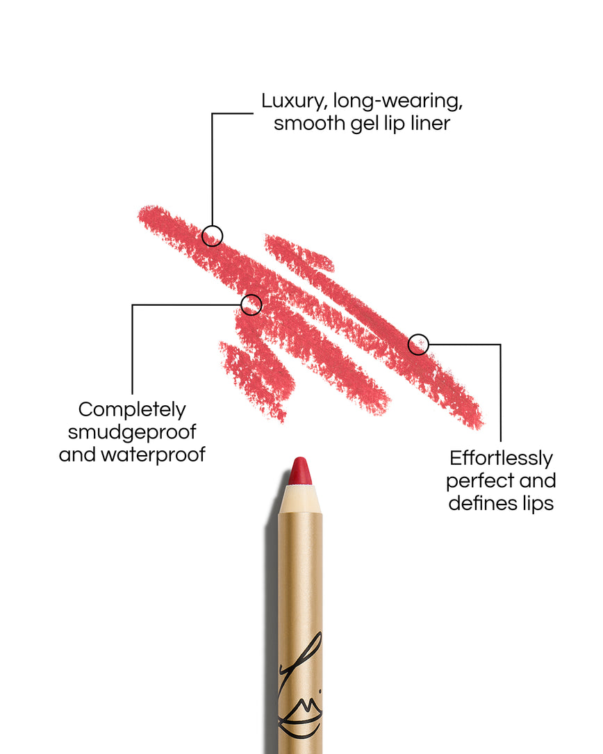 Enhance and Define Lip Pencil with text describing its features on a white background: Luxury, long-wearing, smooth gel lip liner. Completely smudgeproof and waterproof. Effortlessly perfect and defines lips.