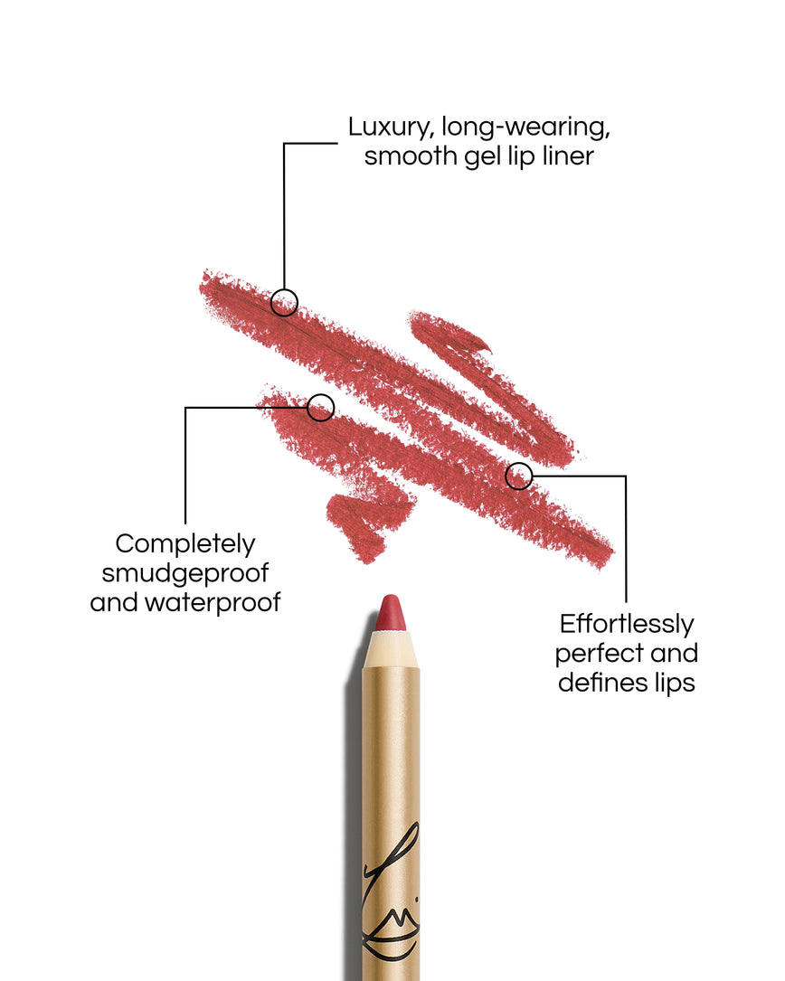 Enhance and Define Lip Pencil with text describing its features on a white background: Luxury, long-wearing, smooth gel lip liner. Completely smudgeproof and waterproof. Effortlessly perfect and defines lips.