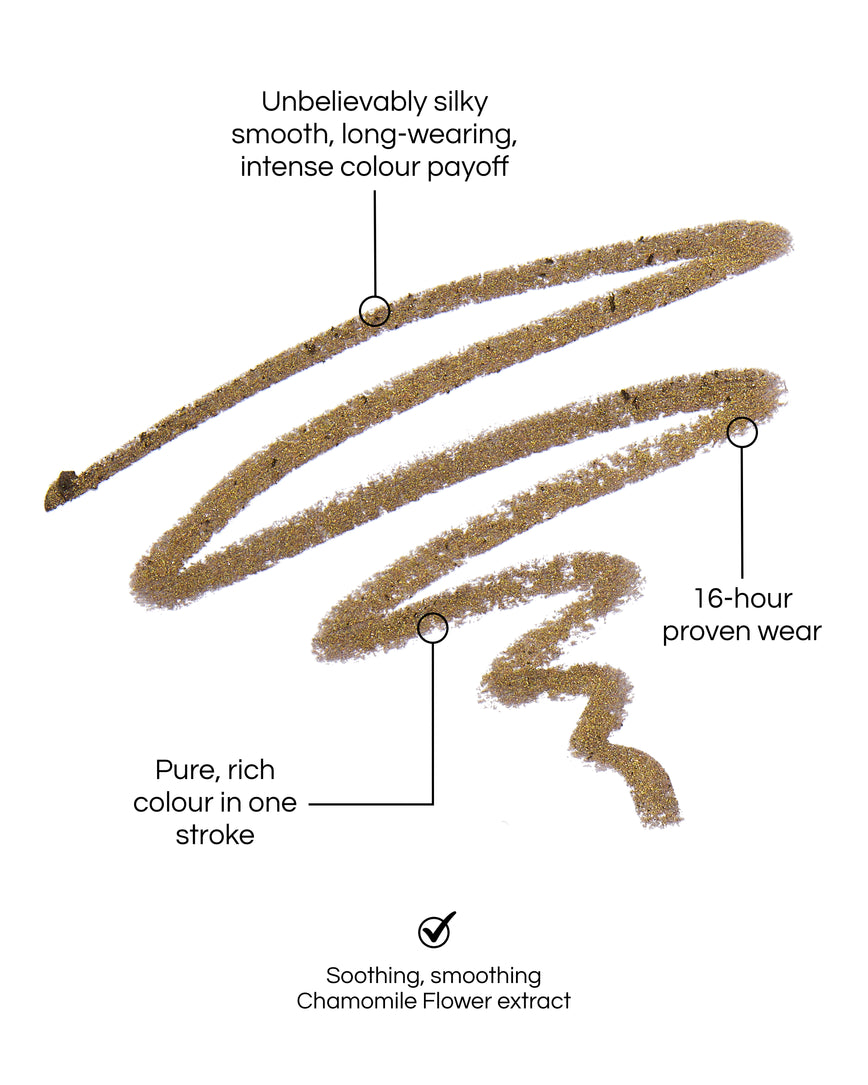 Seamless Glide Eye Pencil swatch, with text demonstrating the benefits: Unbelievably silky smooth, long-wearing, intense colour payoff. 16-hour proven wear. Pure-rich colour in one stroke. Soothing, smoothing Chamomile Flower Extract. In shade Renaissance Gold.