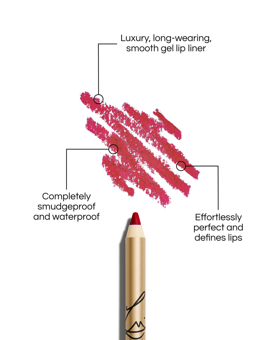 Enhance and Define Lip Pencil with text describing its features on a white background: Luxury, long-wearing, smooth gel lip liner. Completely smudgeproof and waterproof. Effortlessly perfect and defines lips.