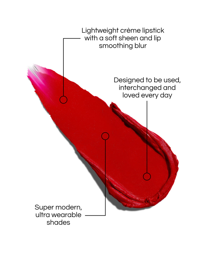 Rouge Experience Lipstick Refill swatch with text describing features on a white background, in shade Ribbon. Text reads: Lightweight creme lipstick with a soft sheen and lip smoothing blur. Designed to be used, interchanged and loved every day. Super modern, ultra wearable shades.