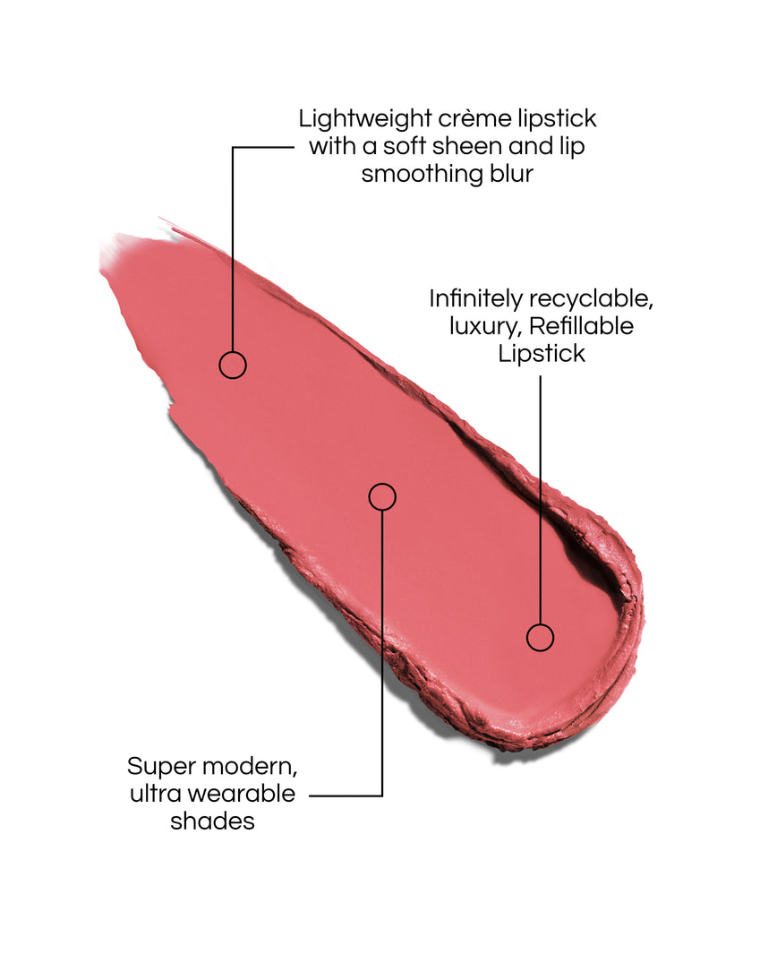 Rouge Experience Lipstick swatch with text describing features on a white background, in shade Society. Text reads: Lightweight creme lipstick with a soft sheen and lip smoothing blur. Infinitely recyclable, luxury, Refillable Lipstick. Super modern, ultra wearable shades.