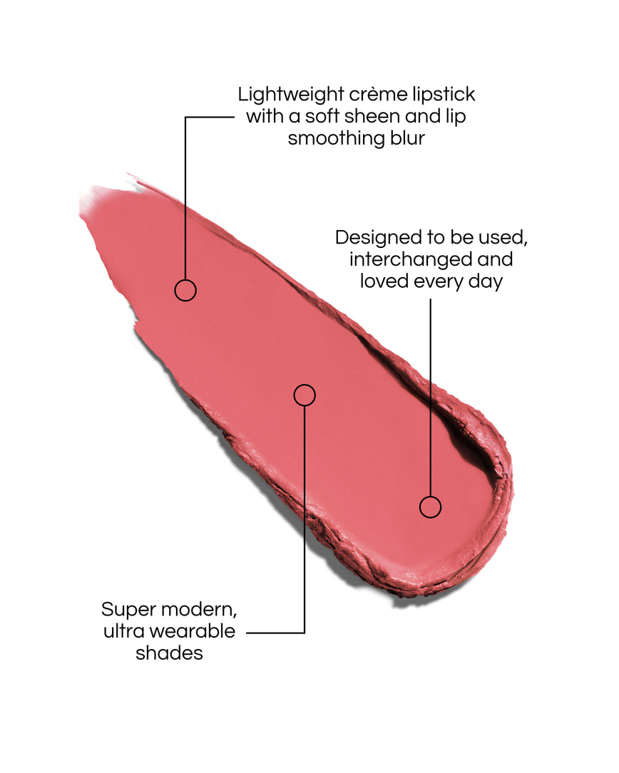 Rouge Experience Lipstick Refill swatch with text describing features on a white background, in shade Society. Text reads: Lightweight creme lipstick with a soft sheen and lip smoothing blur. Designed to be used, interchanged and loved every day. Super modern, ultra wearable shades.