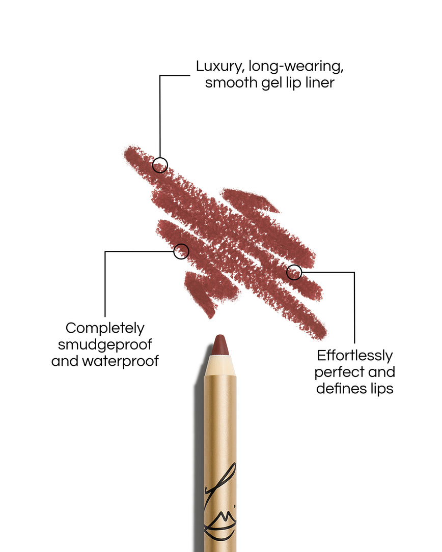 Enhance and Define Lip Pencil with text describing its features on a white background: Luxury, long-wearing, smooth gel lip liner. Completely smudgeproof and waterproof. Effortlessly perfect and defines lips.