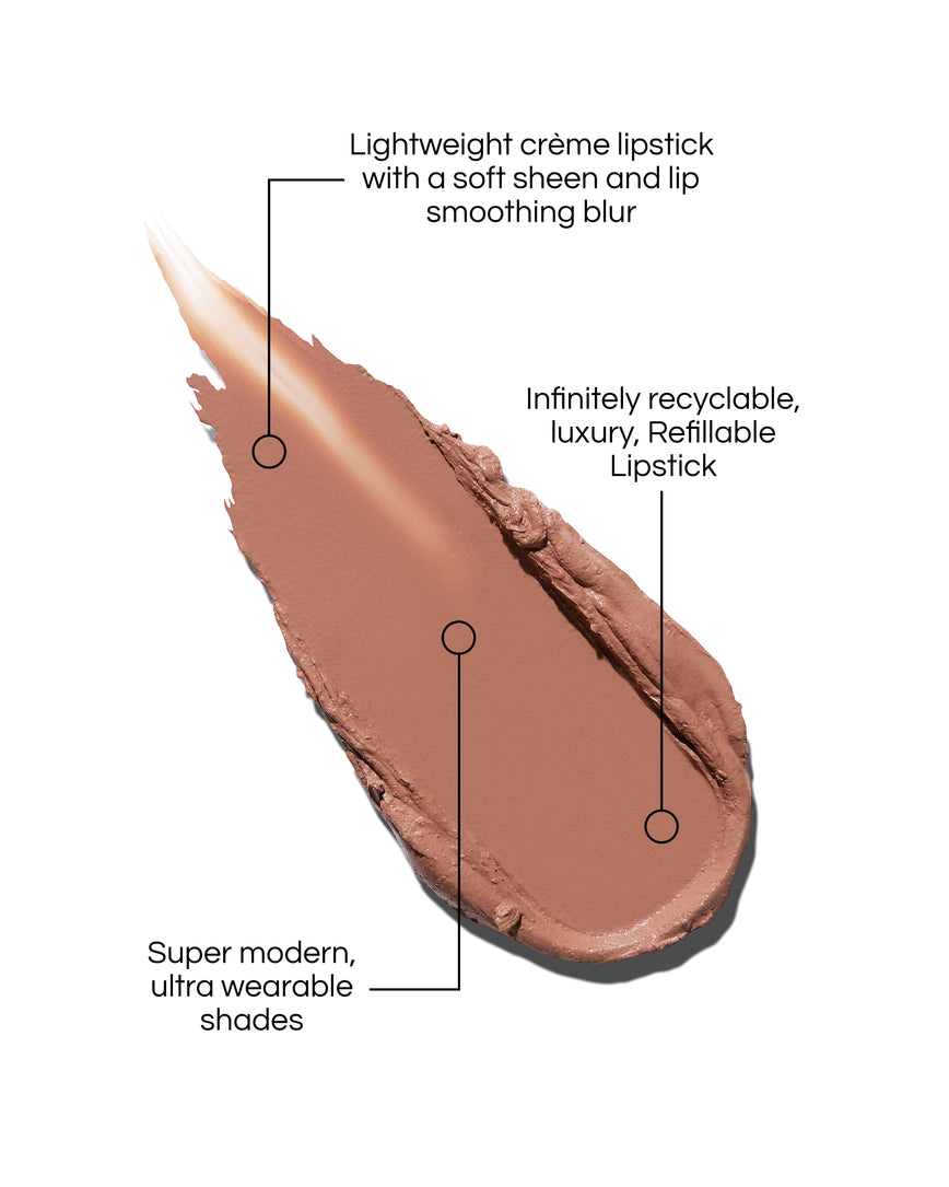 Rouge Experience Lipstick swatch with text describing features on a white background, in shade Toasted. Text reads: Lightweight creme lipstick with a soft sheen and lip smoothing blur. Infinitely recyclable, luxury, Refillable Lipstick. Super modern, ultra wearable shades.