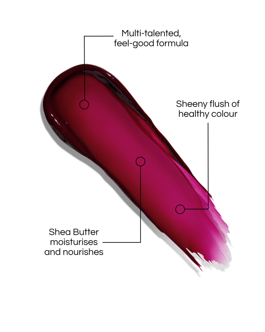 Velatura Hellebore Heaven swatch with text describing its features on a white background: Multi-talented, feel-good formula. Sheeny flush of healthy colour. Shea Butter moisturises and nourishes.