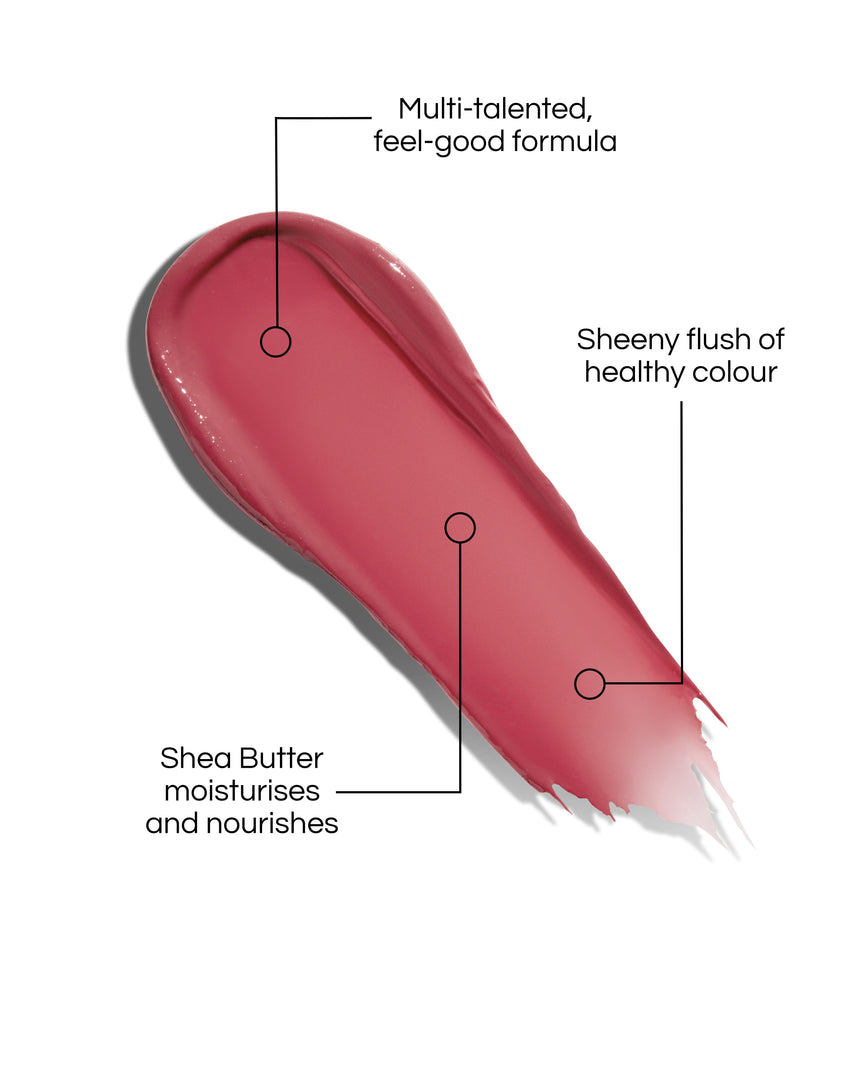 Velatura Rose Madder swatch with text describing its features on a white background: Multi-talented, feel-good formula. Sheeny flush of healthy colour. Shea Butter moisturises and nourishes.
