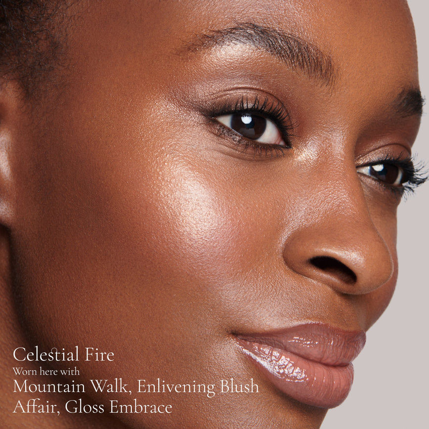 Lisa Eldridge Elevated Glow Highlighter in shade Celestial Fire pictured on model