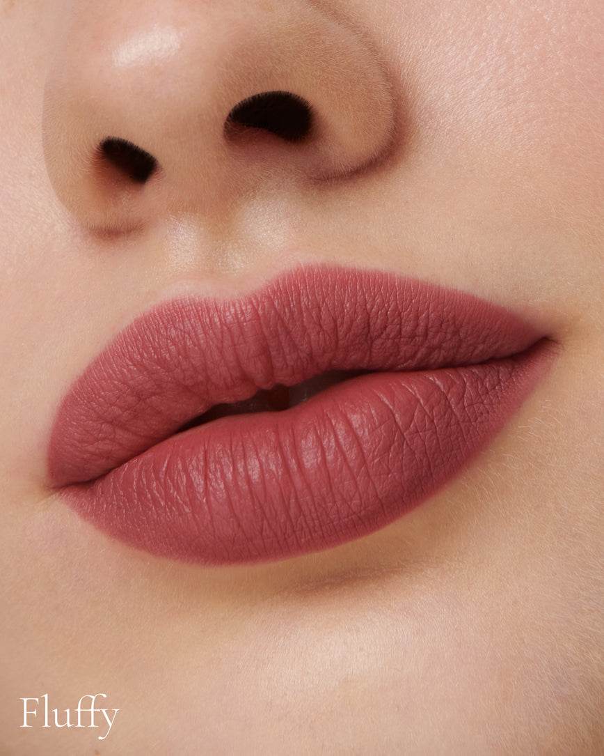 Lisa Eldridge Velveteen Liquid Lipstick in shade Blush pictured on model