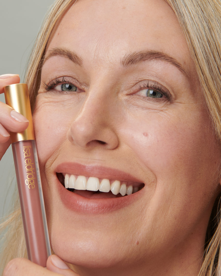 Lisa Eldridge Velveteen Liquid Lipstick in shade Fawn pictured on model