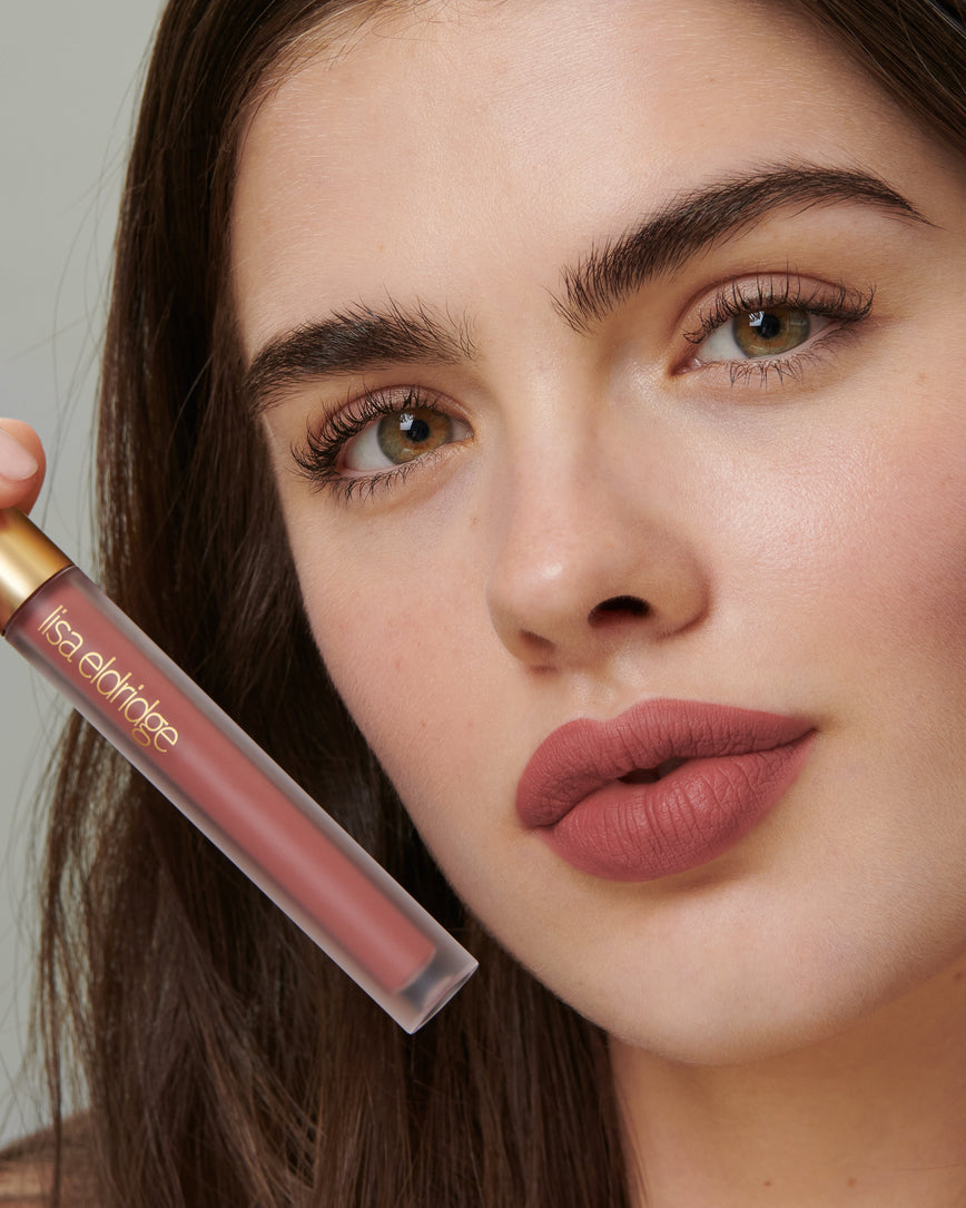 Lisa Eldridge Velveteen Liquid Lipstick Colour in Shade Muse Pictured on Model