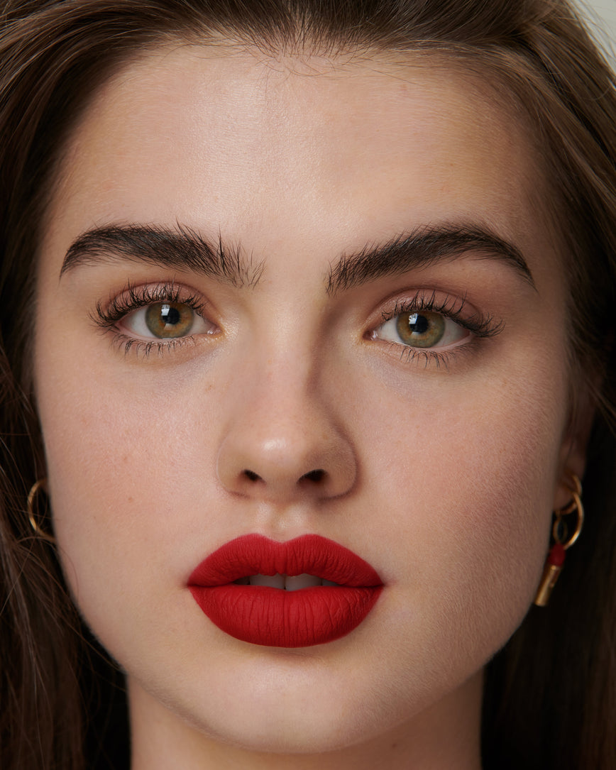 Lisa Eldridge Velveteen Liquid Lip Colour in Shade Ribbon Pictured on Model