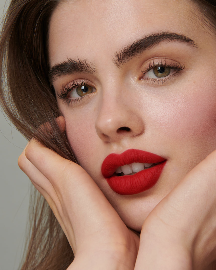 Lisa Eldridge Velveteen Liquid Lip Colour in Shade Ribbon Pictured on Model