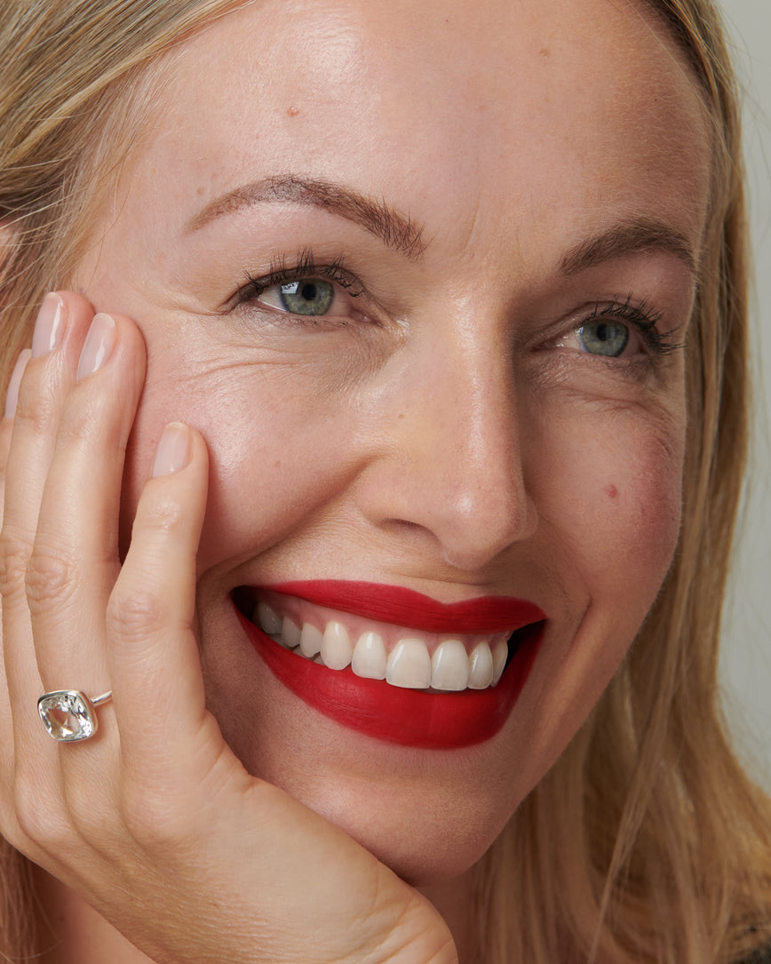 Lisa Eldridge Velveteen Liquid Lip Colour in Shade Ribbon Red Lipstick Pictured on Fair Skin Model 