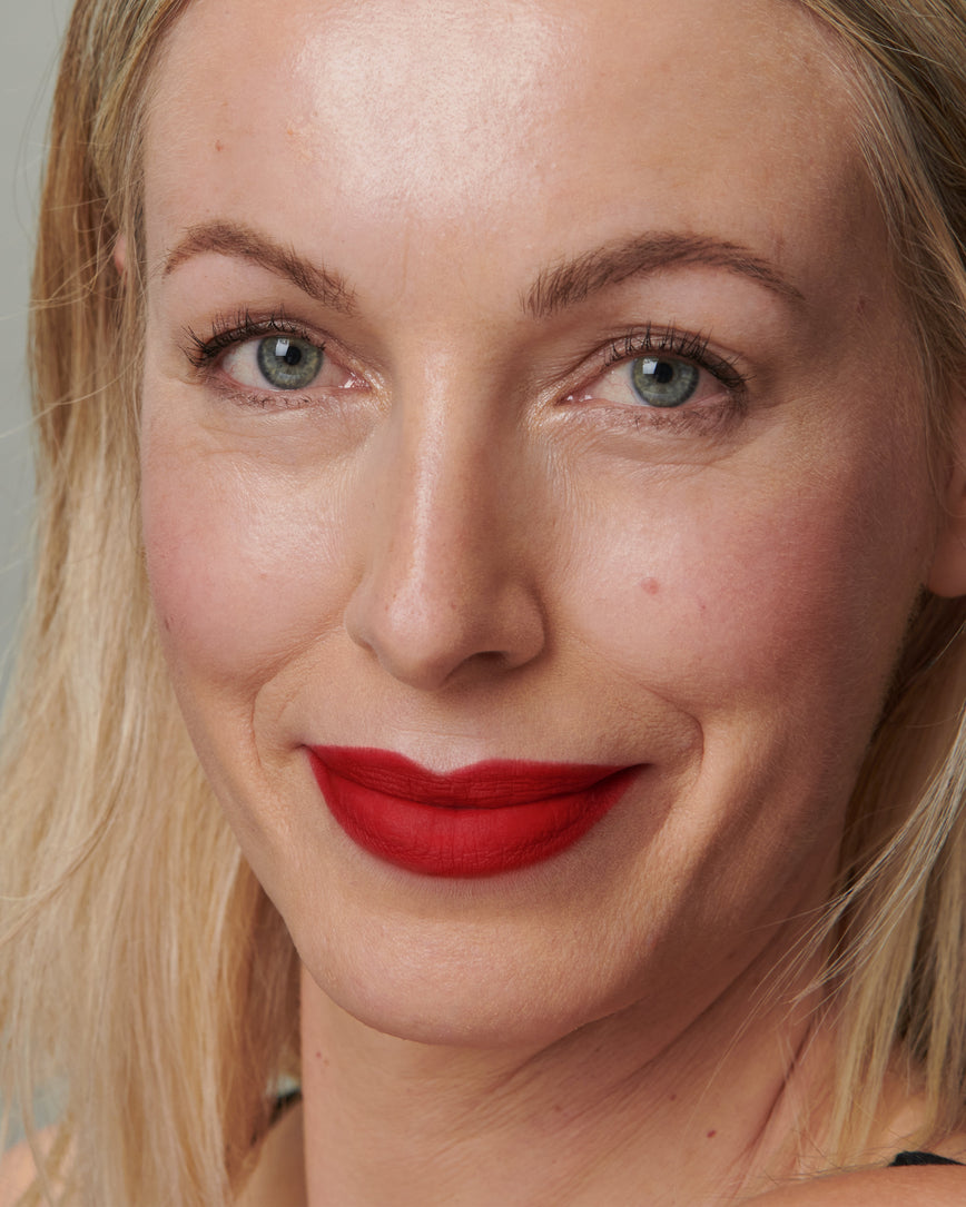Lisa Eldridge Velveteen Liquid Lip Colour in Shade Ribbon Pictured on Model