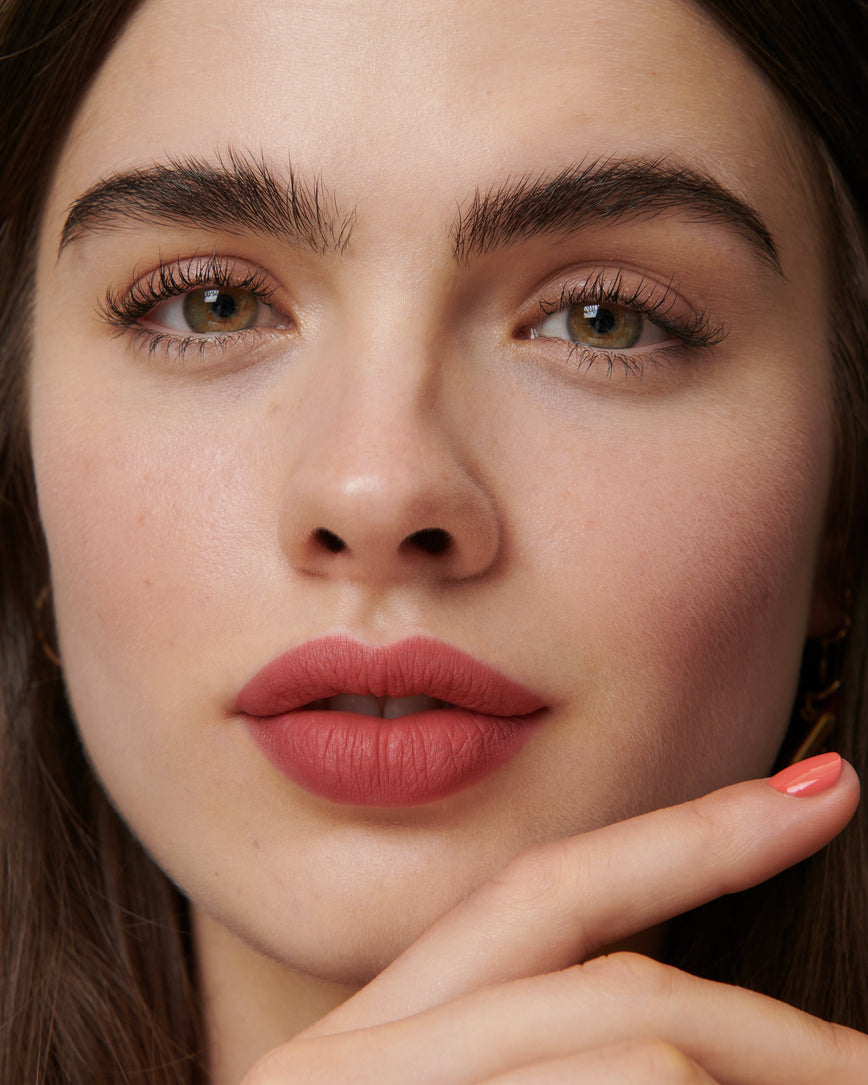 Lisa Eldridge Velveteen Liquid Lip Colour in Shade Rain Pictured on Model pink lips for fair skin