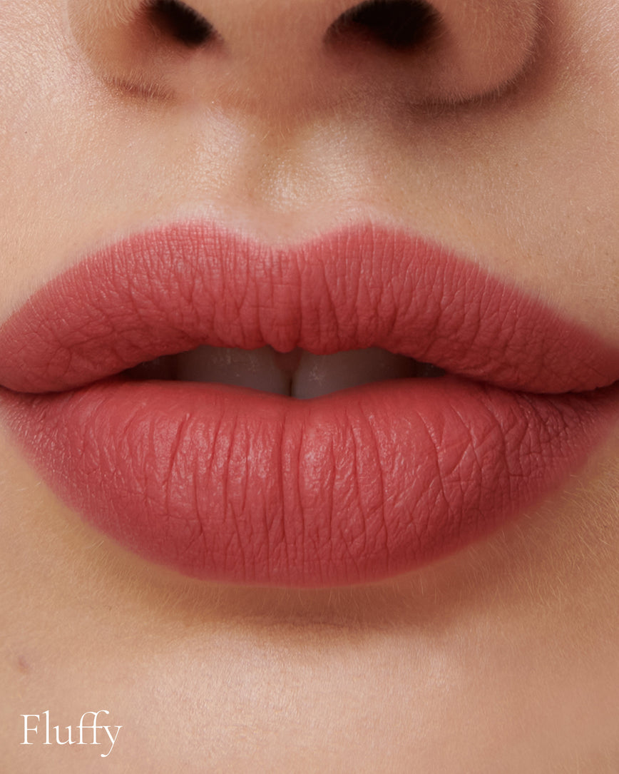 Lisa Eldridge Velveteen Liquid Lip Colour in Shade Rain Pictured on Model