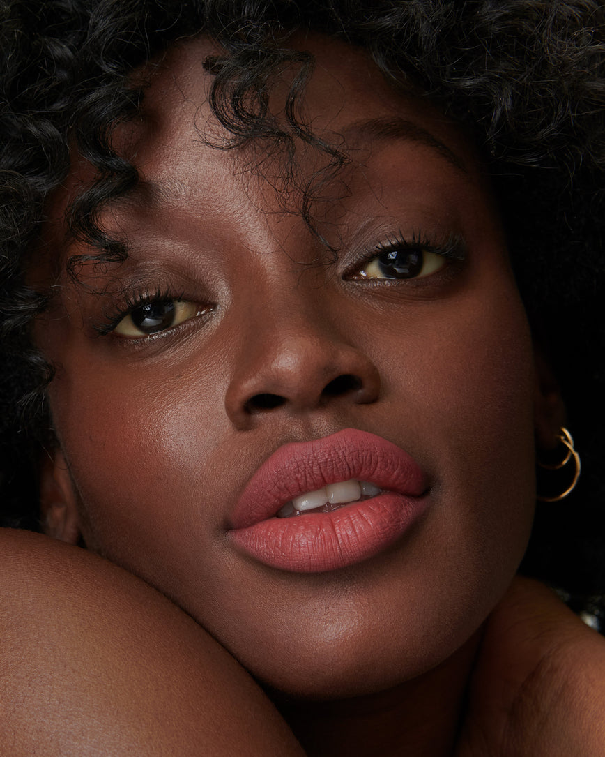 Lisa Eldridge Velveteen Liquid Lip Colour in Shade Rain Pictured on Model
