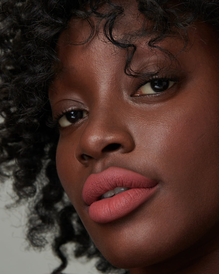 Lisa Eldridge Velveteen Liquid Lip Colour in Shade Rain Pictured on Model
