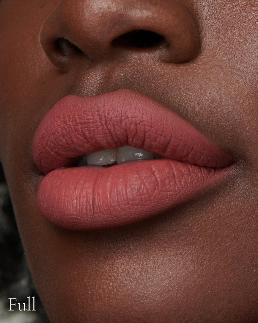 Lisa Eldridge Velveteen Liquid Lip Colour in Shade Rain Pictured on Model