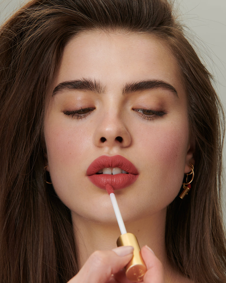 Lisa Eldridge Velveteen Liquid Lip Colour in Shade Rain Pictured on Model